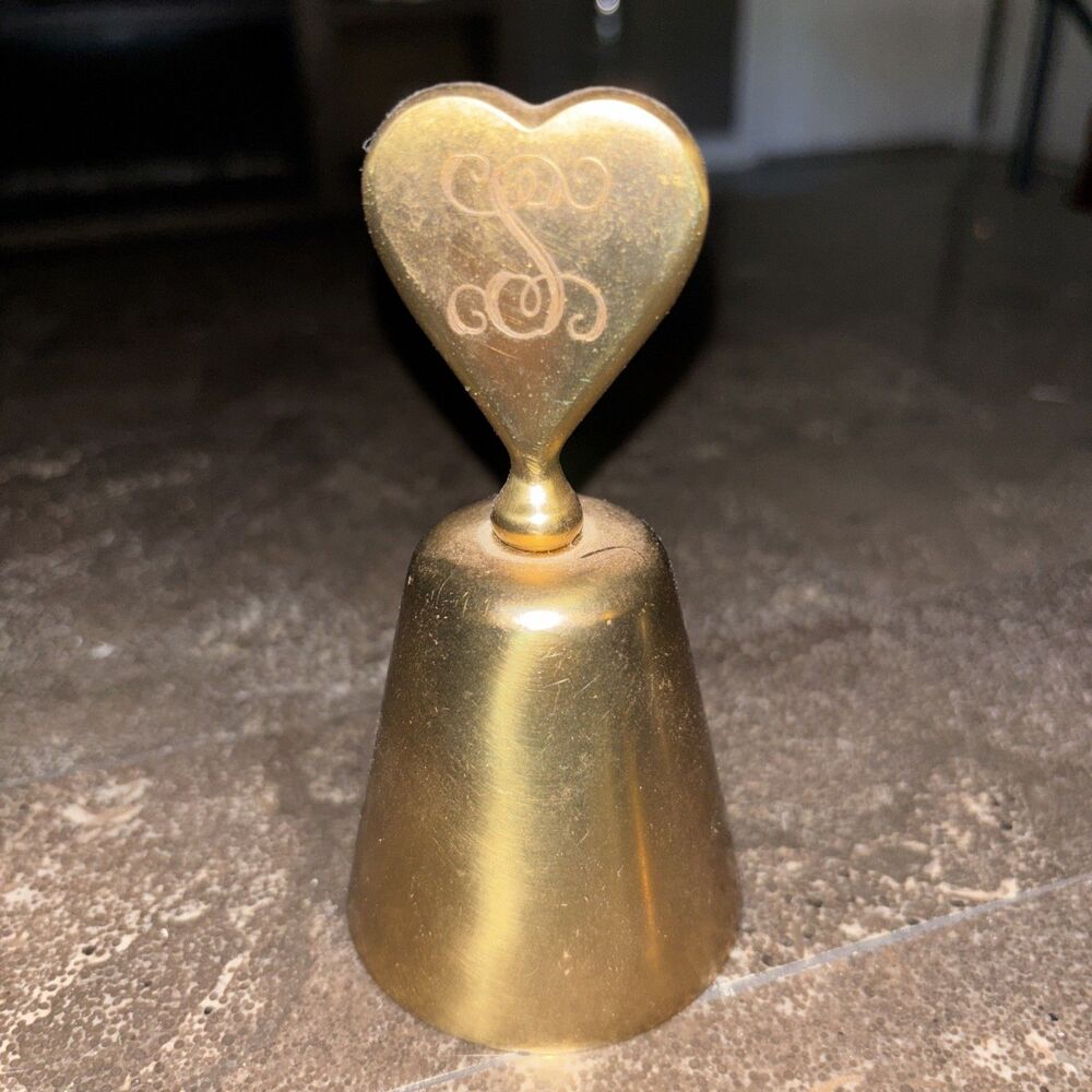 Vintage Brass Bell Heart Shaped Handle 4 3/4 Inches Engraved